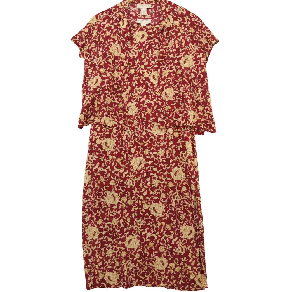 Vtg 90s Rayon Tie-Back Dress Set XL Floral Paisley 2pc Norton McNaughton
